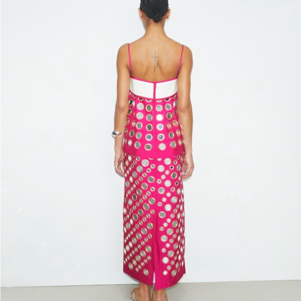 NWT Tory Burch LAYERED HAND-DONE MIRRORWORK DRESS in Bold Pink Sz 00 - Picture 3 of 3